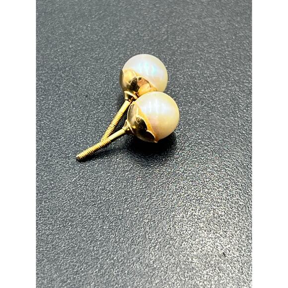 10k Yellow Gold Round 7mm White Pearl Stud Screw Earrings Buttercup Scallop Set - Picture 2 of 10